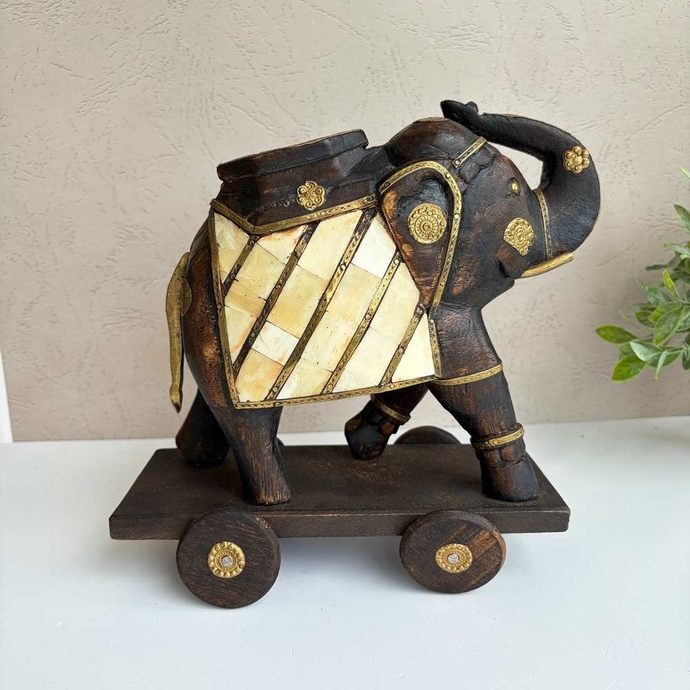 Hand Carved Wooden Elephant on Wheels Brass and Bone Style Inlay Vintage Decor